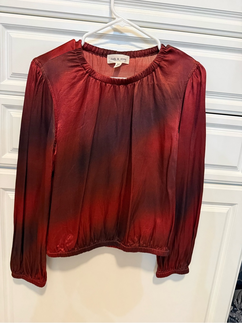 cloth & stone Burgundy Red Ombre Satin Peasant Blouse